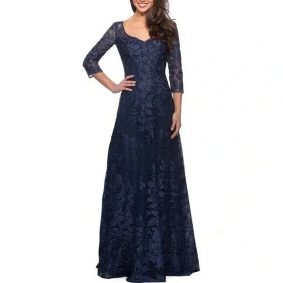 NWT La Femme 28053 Floral Embroidered Mesh A-Line Gown Dress Navy Blue 6